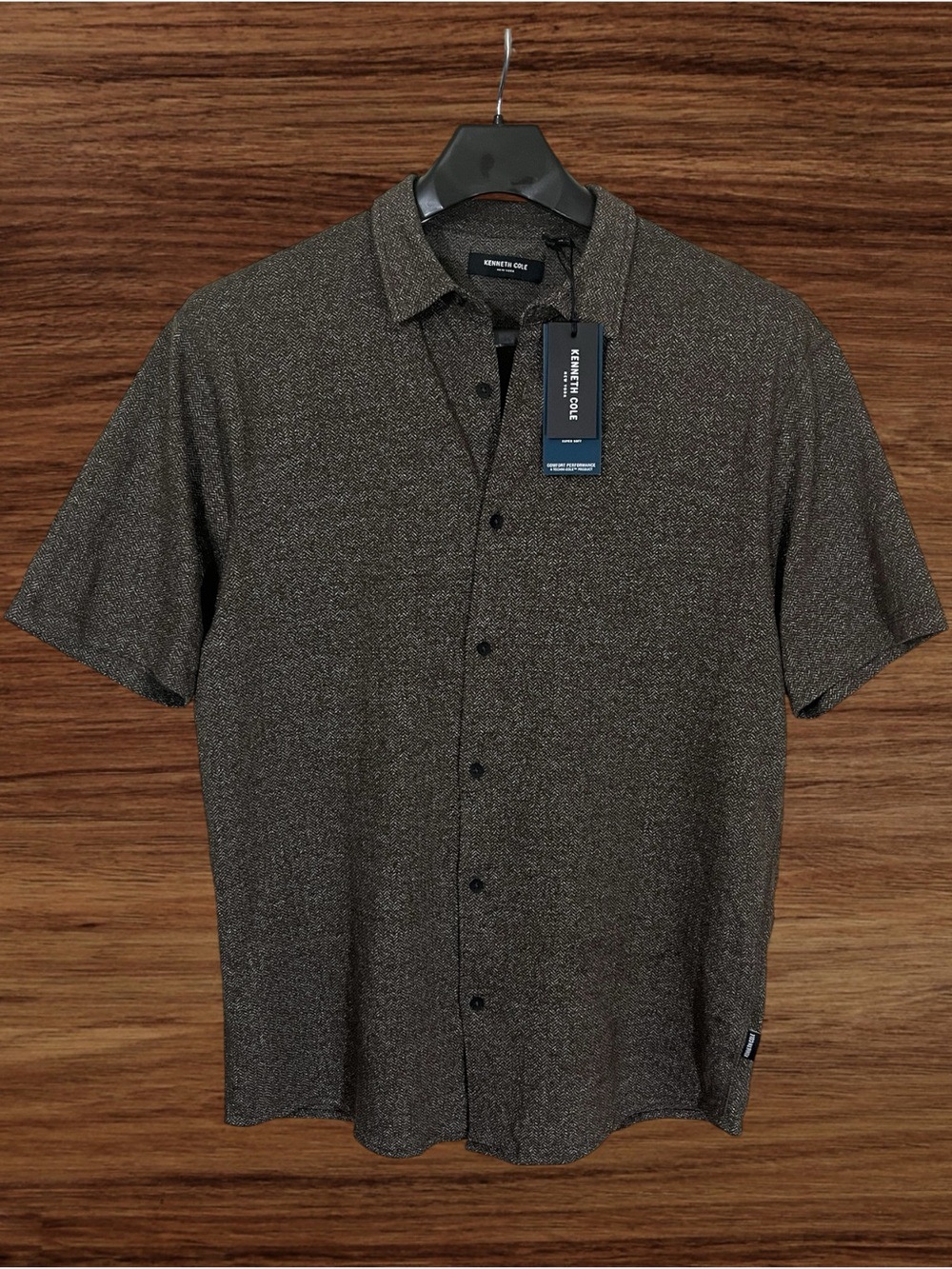 Kenneth Cole Mobility Knit Brown Short Sleeve Performance Shirt. XL - Slim Fit